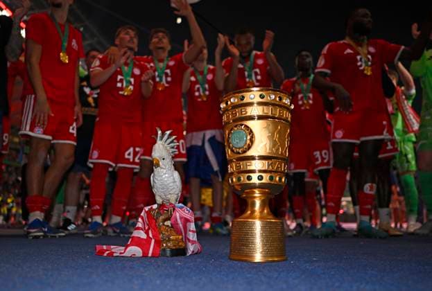 23 05 2026, Football DFB Pokal 2025 2026, Final, FC Bayern Munich VfB Stuttgart, at Olympiastadion Berlin Die Bayern feiern mit Pokal und Kakadu DFL and DFB regulations prohibit any use of photographs as image sequences and or quasi video