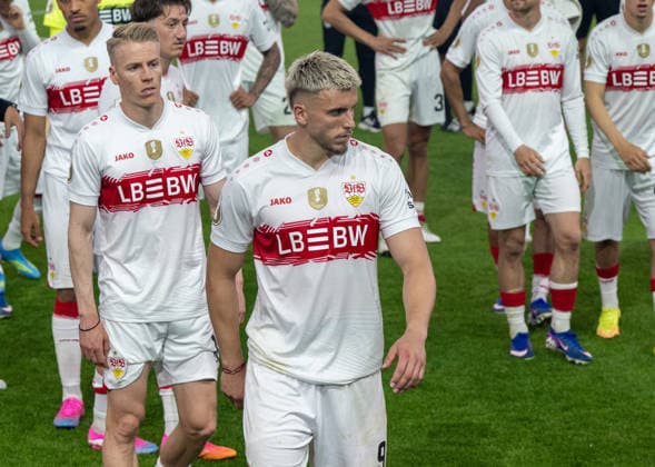 Soccer, men, 2025 2026 season, 83 DFB Cup final, FC Bayern Munich VfB Stuttgart, f l Chris Führich Stuttgart , Ermedin Demirovic Stuttgart , Disappointment after the final whistle, 23 05 2026, Copyright: xMatthiasxKochx