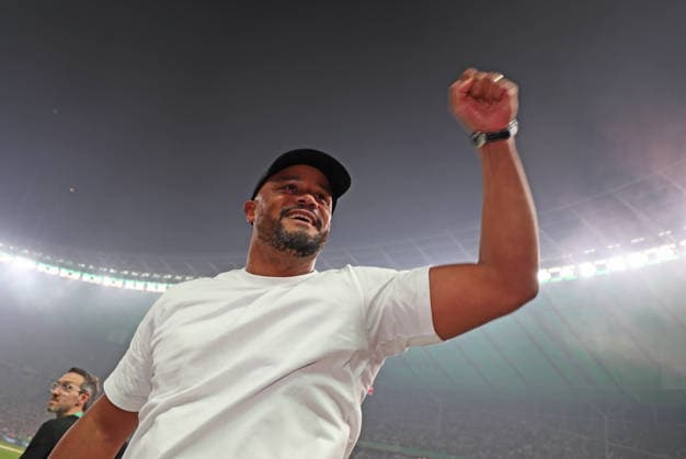 Football, Men, DFB Cup Final, Season 2025 2026, FC Bayern Munich VFB Stuttgart, Olympiastadion Berlin The FC Bayern Munich team celebrates winning the DFB Cup here after the match, in the picture Vincent Kompany, coach FC Bayern Munich celebrating, fist DFB, DFL regulations prohibit any use of photographs as image sequences and or quasi video