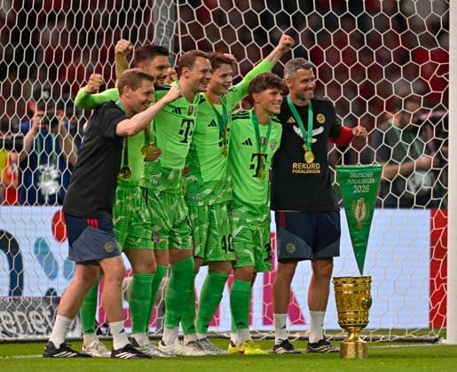 23 05 2026, Football DFB Pokal 2025 2026, Final, FC Bayern Munich VfB Stuttgart, in the Olympiastadion Berlin f l x, Goalkeeper Sven Ulreich FC Bayern Munich , Goalkeeper Manuel Neuer FC Bayern Munich , Goalkeeper Jonas Urbig FC Bayern Munich cheering DFL and DFB regulations prohibit any use of photographs as image sequences and or quasi video
