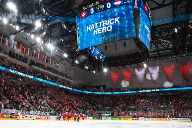 ZURICH, ZURICH - MAY 23: A Hat Trick Hero graphic is displayed on the arena videoboard following Roman Josi’s hat trick during the 2026 IIHF World Championship, WM, Weltmeisterschaft Preliminary Round Group A match between Switzerland and Hungary at Swiss Life Arena on May 23, 2026 in Zurich, Zurich, Switzerland.  Copyright: xLivioxBaeriswylx xSPPx Sportspressphoto_152918