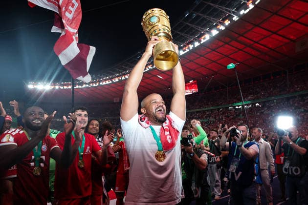 DFB Cup final FC Bayern Munich VfB Stuttgart on 23 05 2026 at the Olympic Stadium in Berlin Coach Vincent Kompany Muenchen cheers after the match with the trophy MH