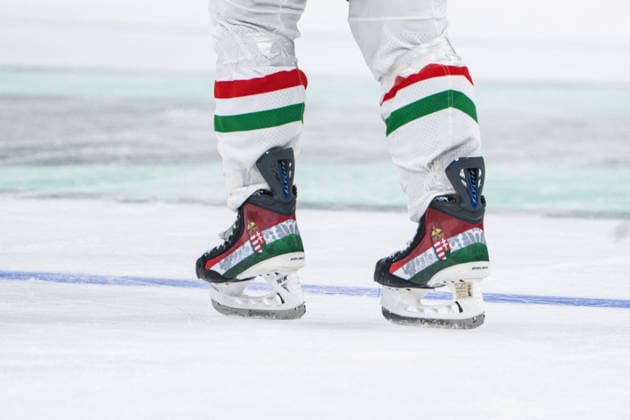 ZURICH, ZURICH - MAY 23: Custom Hungary skates are seen during the 2026 IIHF World Championship, WM, Weltmeisterschaft Preliminary Round Group A match between Switzerland and Hungary at Swiss Life Arena on May 23, 2026 in Zurich, Zurich, Switzerland.  Copyright: xLivioxBaeriswylx xSPPx Sportspressphoto_152929