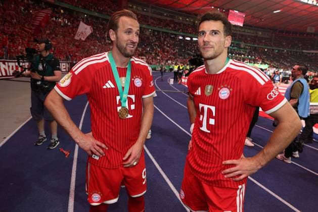 Soccer DFB Cup Final FC Bayern Munich VfB Stuttgart on 23 05 2026 at Olympiastadion in Berlin Harry Kane Munich , left Leon Goretzka Munich , right DFB regulations prohibit any use of photographs as image sequences and or quasi video xJRx