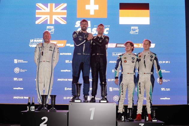 LE MANS CLASSIC SERIES 2026 - SPA-CLASSIC 01 GUENAT Maxime (che), Shelby Cobra Daytona Coupe 1965, Sixties Endurance, action, 43 THORPE James (gbr), MITCHELL Jonathan (gbr), Jaguar E-Type 3.8 1965, Sixties Endurance, 53 GRAF VON WEDEL Lando (deu), GRAF VON WEDEL Alexis (deu), Lotus Elan S1 1965, Sixties Endurance, Podium portrait during the 2026 Spa-Classic, 2nd round of the Le Mans Classic Series 2026, from May 22 to 24 in Circuit de Spa-Francorchamps, in Stavelot, Belgium - StavelotBelgium  Copyright: xPauloxMariax