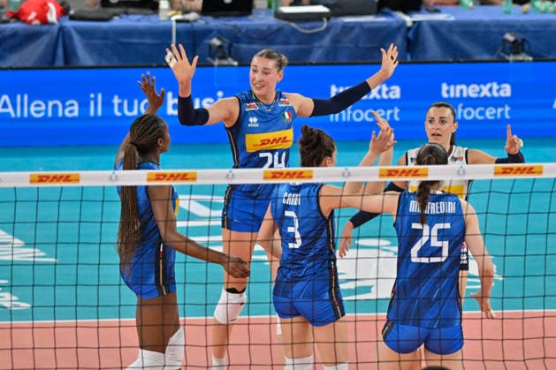 VOLLEYball - Friendly - AIA Aequilibrium Cup Women Elite - Italy vs. Turkiye Photo by IPA ABACAPRESS.COM85010639 - Team Italy rejoices after winning the point during AIA Aequilibrium Cup Women Elite - Italy vs Turkiye, Volleyball Test Match in Genoa, Italy, May 23 2026 Genoa Italy  Copyright: xIPAxSport ABACAx