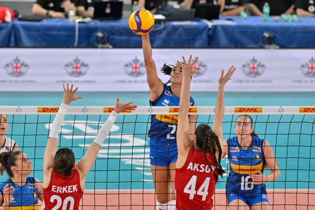 VOLLEYball - Friendly - AIA Aequilibrium Cup Women Elite - Italy vs. Turkiye Photo by IPA ABACAPRESS.COM85010678 - Yaprak Erkek (Turkiye) - Denise Meli (Italy) - Karmen Aksoy (Turkiye) - Stella Nervini (Italy) during AIA Aequilibrium Cup Women Elite - Italy vs Turkiye, Volleyball Test Match in Genoa, Italy, May 23 2026 Genoa Italy  Copyright: xIPAxSport ABACAx