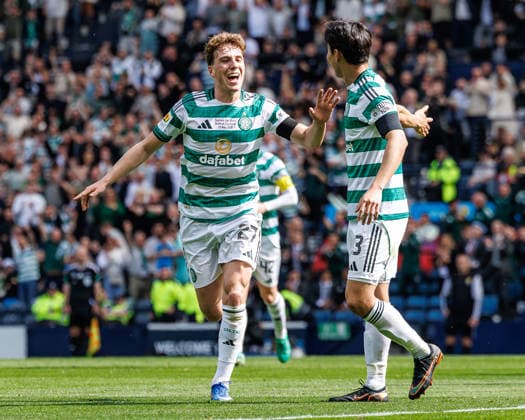 RECORD DATE NOT STATED 23rd May 2026; Hampden Park, Glasgow, Scotland; Scottish Cup Final Football, Celtic versus Dunfermline; Arne Engels of Celtic celebrates scoring to make it Celtic 2-0 Dunfermline Athletic in the 36th minute WMxSportsxMedia