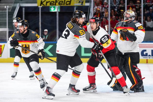 Ice hockey, Eishockey - IIHF WC 2026 ZURICH,SWITZERLAND,23.MAY.26 - ICE HOCKEY - IIHF Ice Hockey World Championship, WM, Weltmeisterschaft 2026, group stage, Austria vs Germany. Image shows Moritz Seider (GER), Paul Huber (AUT) and Philipp Grubauer (GER).  GEPAxpictures xMaticxKlansek