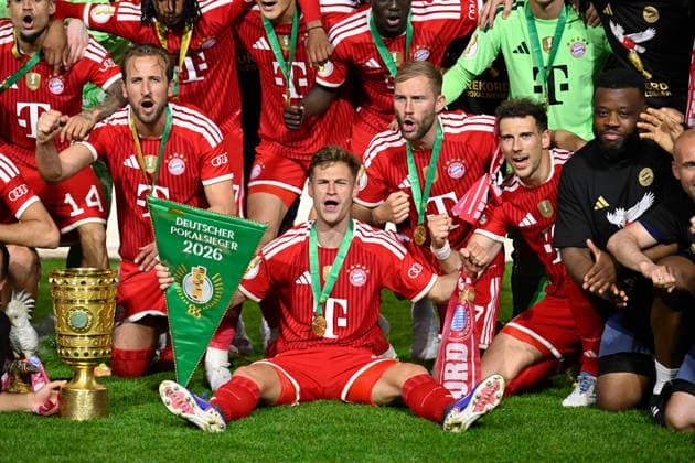after the match Winners Arch group photo team photo FC Bayern celebrate victory DFB Pokal Joshua Kimmich FC Bayern Muenchen FCB 06 83 DFB Pokal Final FC Bayern Muenchen FCB vs VFB Stuttgart Olympiastadion Berlin 23 05 2026 DFL REGULATIONS PROHIBIT ANY USE OF PHOTOGRAPHS AS IMAGE SEQUENCES AND OR QUASI VIDEO 83 DFB Pokal Final FC Bayern Muenchen FCB vs VFB Stuttgart