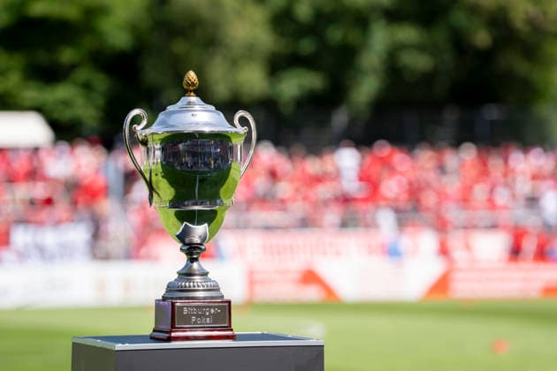 Cup, trophy from the Middle Rhine Cup on the podium before the match SC Fortuna Köln vs Viktoria Köln 23 05 2026 Football, Bitburger Cup Final 2026, GER, Sportpark Höhenberg, Cologne Copyright: HMBxMedia xMarcoxBader