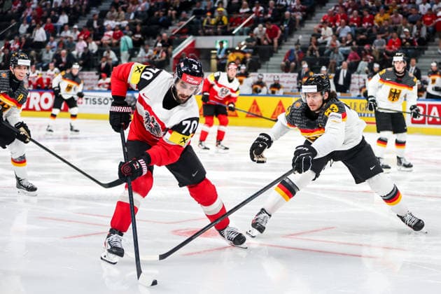 Ice hockey, Eishockey - IIHF WC 2026 ZURICH,SWITZERLAND,23.MAY.26 - ICE HOCKEY - IIHF Ice Hockey World Championship, WM, Weltmeisterschaft 2026, group stage, Austria vs Germany. Image shows Benjamin Nissner (AUT) and Moritz Seider (GER).  GEPAxpictures xMaticxKlansek