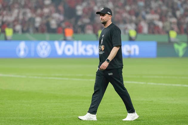 Trainer Sebastian Hoeness VfB Stuttgart looks dejected during the DFB Cup Final 2026 match between FC Bayern München and VfB Stuttgart at Olympiastadion on May 23, 2026 in Berlin, Germany Photo by Oliver Kaelke DeFodi Images