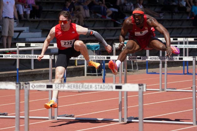 Leichtathletik, athletics, B U S Kurpfalz Gala , 23 05 2026 , Sepp Herberger Stadion Weinheim, 110m hurdles final, Stefan Volzer, Roger Iribarne Kuba,