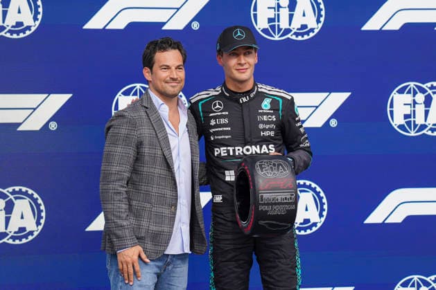 FORMULA ONE CANADIAN GRAND PRIX 2026 George Russell 63 (GBR) Mercedes with Giacomo Gianniotti after taking pole Position in qualifying during the Formula 1 Lenovo Canadian Grand Prix 2026, 5th round of the 2026 Formula One World Championship, WM, Weltmeisterschaft from May 22 to 24, 2026 at the Circuit Gilles Villeneuve, Montreal, Canada Credit: Robbie Hoad Every Second Media Editorial use only. All images are copyright Every Second Media Limited. No images may be reproduced without prior permission. Copyright: xIMAGO EveryxSecondxMediax ESM-2005-0337 RobbiexHoadx xEveryxSecondxMediax