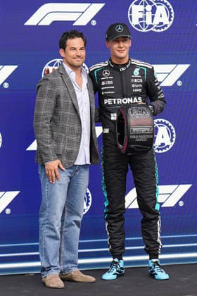 FORMULA ONE CANADIAN GRAND PRIX 2026 George Russell 63 (GBR) Mercedes with Giacomo Gianniotti after taking pole position in qualifying during the Formula 1 Lenovo Canadian Grand Prix 2026, 5th round of the 2026 Formula One World Championship, WM, Weltmeisterschaft from May 22 to 24, 2026 at the Circuit Gilles Villeneuve, Montreal, Canada Credit: Robbie Hoad Every Second Media Editorial use only. All images are copyright Every Second Media Limited. No images may be reproduced without prior permission. Copyright: xIMAGO EveryxSecondxMediax ESM-2005-0338 RobbiexHoadx xEveryxSecondxMediax