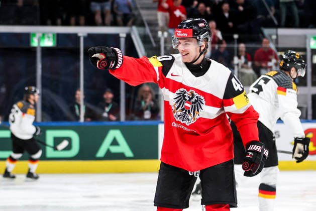 Ice hockey, Eishockey - IIHF WC 2026 ZURICH,SWITZERLAND,23.MAY.26 - ICE HOCKEY - IIHF Ice Hockey World Championship, WM, Weltmeisterschaft 2026, group stage, Austria vs Germany. Image shows the rejoicing of Tim Harnisch (AUT).  GEPAxpictures xMaticxKlansek