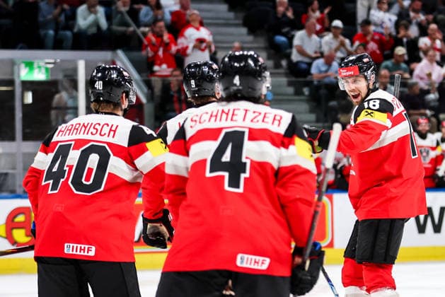 Ice hockey, Eishockey - IIHF WC 2026 ZURICH,SWITZERLAND,23.MAY.26 - ICE HOCKEY - IIHF Ice Hockey World Championship, WM, Weltmeisterschaft 2026, group stage, Austria vs Germany. Image shows the rejoicing of Paul Stapelfeldt (AUT).  GEPAxpictures xMaticxKlansek