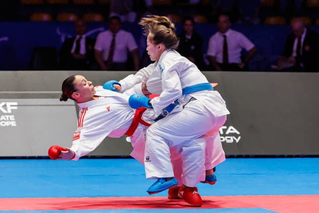 Erminia Perfetto ITA, red against Elizaveta Grigoreva RUS, blue in the final Kumite Women 50, 23 05 2026, Frankfurt am Main Germany , 61 European Karate Championships 2026 Frankfurt Main xprx
