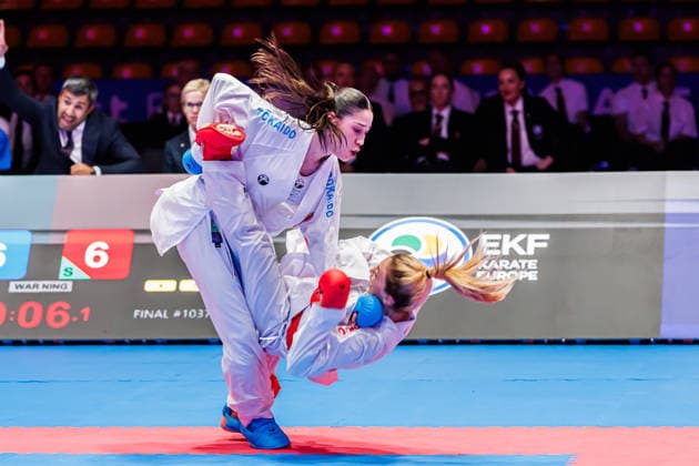 Madina Sadigova AZE, red against Zumra Rezzan Im TUR, blue in the final Kumite Women 55, 23 05 2026, Frankfurt am Main Germany , 61 European Karate Championships 2026 Frankfurt Main xprx