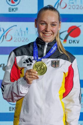 Award ceremony Womens Kumite 55 Mia Bitsch GER third place, bronze medal, 23 05 2026, Frankfurt am Main Germany , 61 European Karate Championships 2026 Frankfurt Main xprx