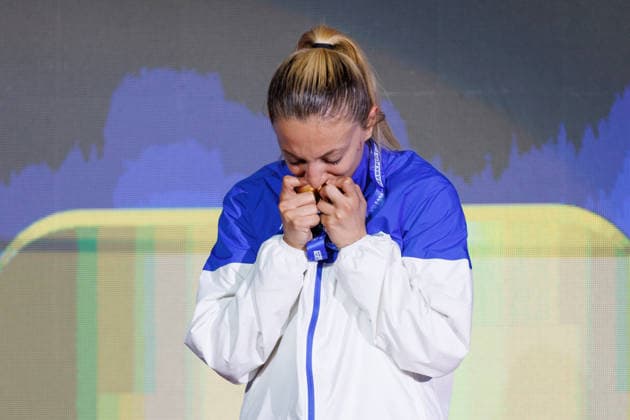 Award ceremony Womens Kumite 55 Madina Sadigova AZE Winner, first place, gold medal, 23 05 2026, Frankfurt am Main Germany , 61 European Karate Championships 2026 Frankfurt Main xprx