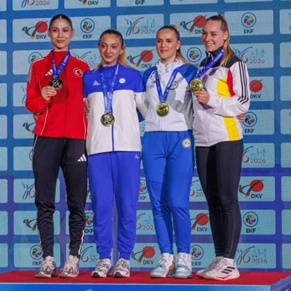 Award ceremony women kumite 55 from left Zumra Rezzan Im TUR , Madina Sadigova AZE , Nejra Sipovic BIH , Mia Bitsch GER , 23 05 2026, Frankfurt am Main Germany , 61 European Karate Championships 2026 Frankfurt Main xprx