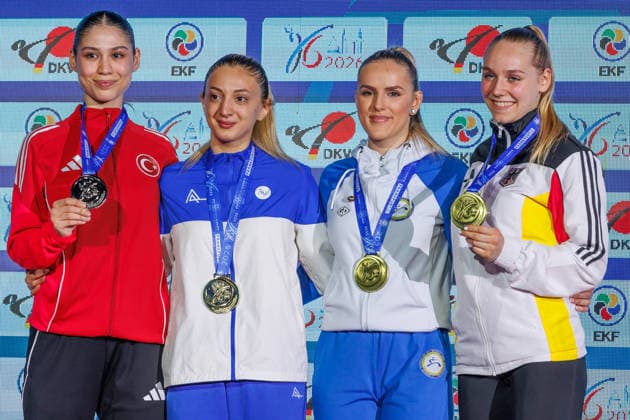 Award ceremony women kumite 55 from left Zumra Rezzan Im TUR , Madina Sadigova AZE , Nejra Sipovic BIH , Mia Bitsch GER , 23 05 2026, Frankfurt am Main Germany , 61 European Karate Championships 2026 Frankfurt Main xprx