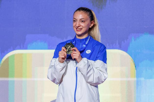 Award ceremony Womens Kumite 55 Madina Sadigova AZE Winner, first place, gold medal, 23 05 2026, Frankfurt am Main Germany , 61 European Karate Championships 2026 Frankfurt Main xprx