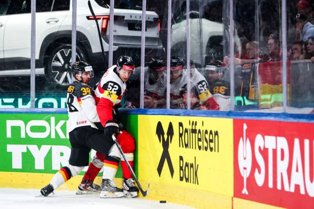 Ice hockey, Eishockey - IIHF WC 2026 ZURICH,SWITZERLAND,23.MAY.26 - ICE HOCKEY - IIHF Ice Hockey World Championship, WM, Weltmeisterschaft 2026, group stage, Austria vs Germany. Image shows Fabio Wagner (GER) and Paul Huber (AUT).  GEPAxpictures xMaticxKlansek