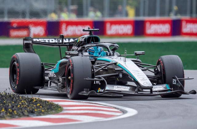 May 23, 2026, Montreal, Pq, CANADA: Mercedes driver George Russell, of the United Kingdom, celebrates after taking poll during qualifying at the Formula One auto racing Canadian Grand Prix in Montreal on Saturday, May 23, 2026. Canada News - May 23, 2026  - ZUMAc35_ 20260523_zaf_c35_083 Copyright: xChristopherxKatsarovx