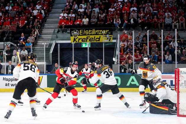 Ice hockey, Eishockey - IIHF WC 2026 ZURICH,SWITZERLAND,23.MAY.26 - ICE HOCKEY - IIHF Ice Hockey World Championship, WM, Weltmeisterschaft 2026, group stage, Austria vs Germany. Image shows Benjamin Nissner (AUT), Fabio Wagner (GER), Moritz Seider (GER) and Philipp Grubauer (GER).  GEPAxpictures xMaticxKlansek