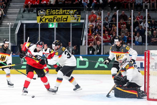 Ice hockey, Eishockey - IIHF WC 2026 ZURICH,SWITZERLAND,23.MAY.26 - ICE HOCKEY - IIHF Ice Hockey World Championship, WM, Weltmeisterschaft 2026, group stage, Austria vs Germany. Image shows Benjamin Nissner (AUT), Fabio Wagner (GER), Moritz Seider (GER) and Philipp Grubauer (GER).  GEPAxpictures xMaticxKlansek