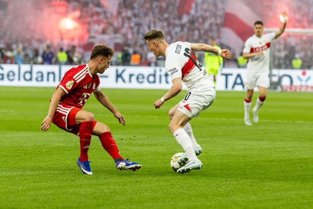 GER, DFB Cup final, Training and press conference, FC Bayern Munich VfB Stuttgart 23 05 2026, Olympiastadion, Olympiastadion, GER, DFB Cup final, Training and press conference, FC Bayern Munich VfB Stuttgart Chris Führich Chris Fuehrich VfB Stuttgart 10 in duel against Joshua Kimmich FC Bayern Munich 6 Â nordphotoxGmbHxx xAlexanderxTrienitz nph00051