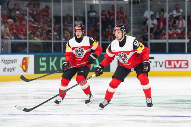ZURICH, ZURICH - MAY 23: Vinzenz Rohrer and Paul Huber of Austria during the 2026 IIHF World Championship, WM, Weltmeisterschaft match between Austria and Germany at Swiss Life Arena on May 23, 2026 in Zurich, Zurich, Switzerland.  Copyright: xLivioxBaeriswylx xSPPx Sportspressphoto_152995