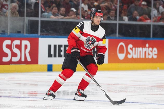 ZURICH, ZURICH - MAY 23: Simeon Schwinger of Austria during the 2026 IIHF World Championship, WM, Weltmeisterschaft match between Austria and Germany at Swiss Life Arena on May 23, 2026 in Zurich, Zurich, Switzerland.  Copyright: xLivioxBaeriswylx xSPPx Sportspressphoto_152998