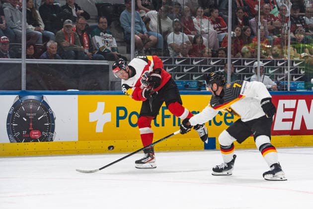 ZURICH, ZURICH - MAY 23: Mario Huber of Austria takes a shot while Maximilian Kastner of Germany attempts to block during the 2026 IIHF World Championship, WM, Weltmeisterschaft match between Austria and Germany at Swiss Life Arena on May 23, 2026 in Zurich, Zurich, Switzerland.  Copyright: xLivioxBaeriswylx xSPPx Sportspressphoto_153028