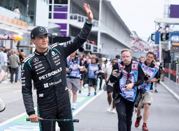 May 23, 2026, Montreal, Qc, CANADA: Mercedes driver George Russell, of the United Kingdom, waves to fans after taking pole for qualifying at the Formula One auto racing Canadian Grand Prix in Montreal on Saturday, May 23, 2026. Canada News - May 23, 2026  - ZUMAc35_ 20260523_zaf_c35_103 Copyright: xChristinnexMuschix