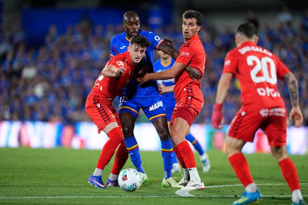 May 23, 2026, Getafe, Madrid, Spain: Aimar Oroz, Lucas Torro of CA Osasuna and Allan Nyom of Getafe CF compete for the ball during the Spanish League, LaLiga EA Sports, football match played between Getafe CF and CA Osasuna at Coliseum de Getafe stadium on May 23, 2026, in Getafe, Spain. Getafe CF V CA Osasuna - LaLiga EA Sports  - ZUMAa181 20260523_zaa_a181_297 Copyright: xDennisxAgyemanx