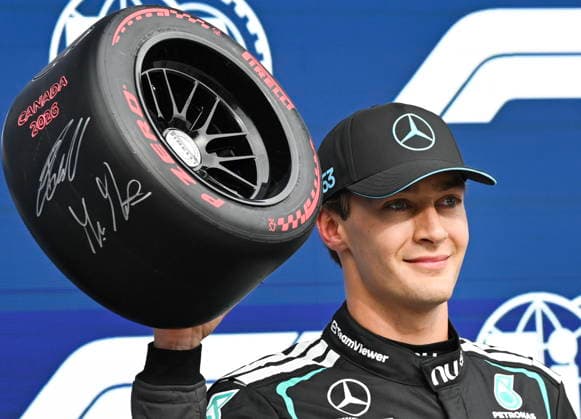 May 23, 2026, Montreal, Qc, CANADA: Mercedes driver George Russell, of the United Kingdom, celebrates as he takes pole following qualifying at the Formula One auto racing Canadian Grand Prix in Montreal on Saturday, May 23, 2026. Canada News - May 23, 2026  - ZUMAc35_ 20260523_zaf_c35_108 Copyright: xGrahamxHughesx