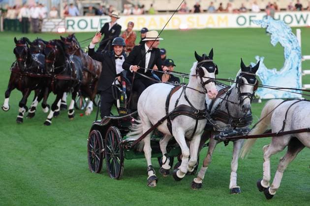 Richard Vogel and Luciana Diniz on the carriages, concert Horse Symphony, supporting program, motto of the evening James Bond, World Equestrian Festival, World Equestrian Festival, TSCHIO Aachen 2026, TSCHIO instead of CHIO 2026, Aachener Soers, 22 to 24 May 2026, equestrian sport, 23 05 2026, Aachener Soers Germany
