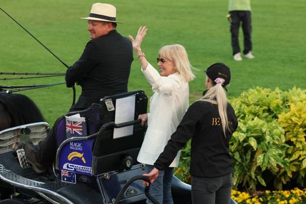 Britt Ekland took a seat on the coach box behind the World Champion Boyd Exell Ð the legendary Bond Girl from the film ÒThe Man with the Golden GunÓ , concert horse symphony, supporting program, motto of the evening James Bond, World Equestrian Festival, TSCHIO Aachen 2026, TSCHIO instead of CHIO 2026, Aachener Soers, 22 to 24 May 2026, equestrian sport, 23 05 2026, Aachener Soers Aachen Germany