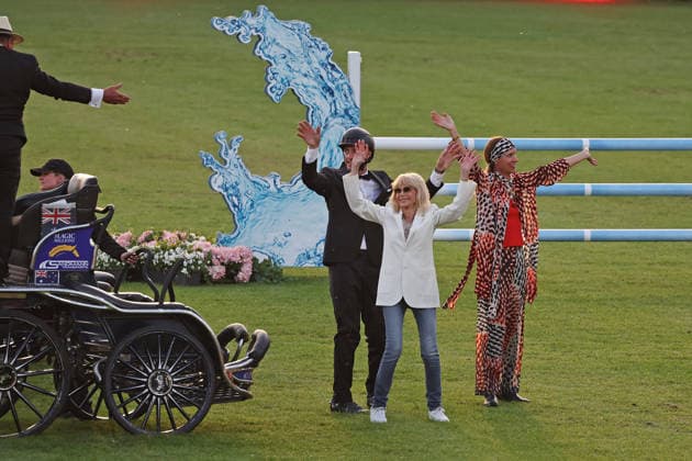 Britt Ekland the legendary Bond Girl from the film The Man with the Golden Gun with Richard Vogel and Luciana Diniz after the carriage ride with Boyd Exel , concert horse symphony, supporting program, motto of the evening James Bond, World Equestrian Festival, TSCHIO Aachen 2026, TSCHIO instead of CHIO 2026, Aachener Soers, 22 to 24 May 2026, equestrian sport, 23 05 2026, Aachen Aachener Soers Germany