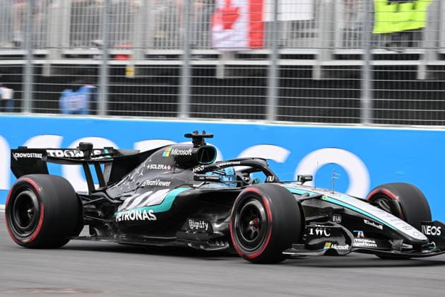 RECORD DATE NOT STATED 23rd May 2026; Circuit Gilles Villeneuve, Montreal, Quebec, Canada; 2026 FIA Formula 1 Canadian Grand Prix, Qualifying; George Russell (63) of Great Britain and Mercedes-AMG Petronas Formula One Team exit turn 10 XavierxLeFrancois