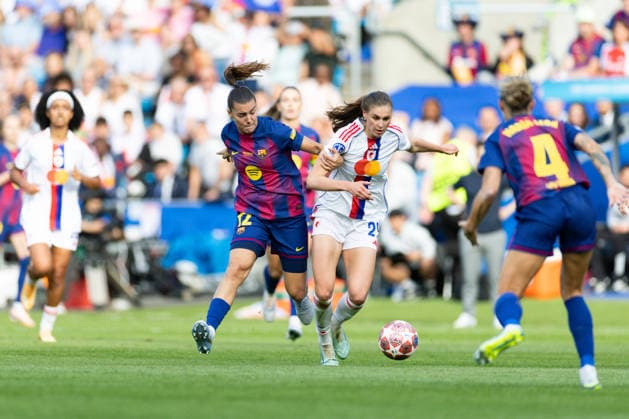 OSLO, NORWAY - MAY 23: Jule Brand of OL Lyonnes battle for the ball during the UEFA Womens Champions League final match between Barcelona and OL Lyonnes at Ullevaal Stadium on May 23, 2026 in Oslo, Norway. (Photo by Ane Frosaker Sports Press Photo)  Copyright: xAnexFrosakerx xSPPx Sportspressphoto_153082
