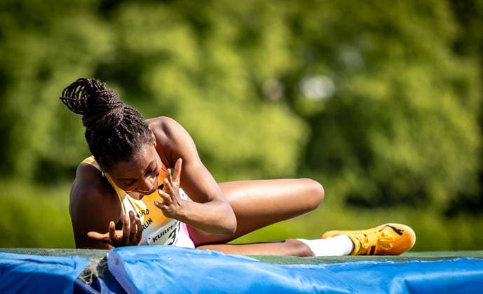B S Kurpfalz Gala Weinheim, 23 05 2026 Annoyed after a failed attempt Blessing Enatoh GER LG Nord Berlin in the womens high jump B S Kurpfalz Gala on 23 05 2026 at the Sepp Herberger Stadium in Weinheim Baden Württemberg Copyright: xBEAUTIFULxSPORTS R.xSchmittx