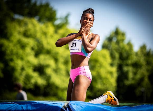 B S Kurpfalz Gala Weinheim, 23 05 2026 Delighted after a successful attempt Blessing Enatoh GER LG Nord Berlin in the womens high jump B S Kurpfalz Gala on 23 05 2026 at the Sepp Herberger Stadium in Weinheim Baden Württemberg Copyright: xBEAUTIFULxSPORTS R.xSchmittx