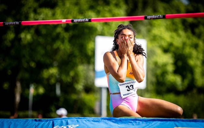B S Kurpfalz Gala Weinheim, 23 05 2026 Delighted with 1.83m in the womens high jump Ella Obeta GER LG Nord Berlin B S Kurpfalz Gala on 23 05 2026 at the Sepp Herberger Stadium in Weinheim Baden Württemberg Copyright: xBEAUTIFULxSPORTS R.xSchmittx