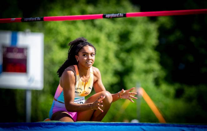B S Kurpfalz Gala Weinheim, 23 05 2026 Does the high jump bar stay down Questioning look at Ella Obeta GER LG Nord Berlin B S Kurpfalz Gala on 23 05 2026 at the Sepp Herberger Stadium in Weinheim Baden Württemberg Copyright: xBEAUTIFULxSPORTS R.xSchmittx