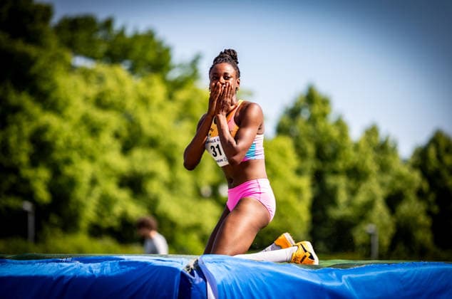 B S Kurpfalz Gala Weinheim, 23 05 2026 Delighted after a successful attempt Blessing Enatoh GER LG Nord Berlin in the womens high jump B S Kurpfalz Gala on 23 05 2026 at the Sepp Herberger Stadium in Weinheim Baden Württemberg Copyright: xBEAUTIFULxSPORTS R.xSchmittx